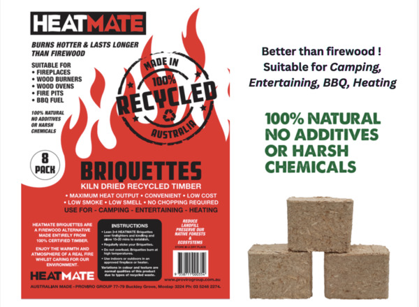 Heatmate Recycled Timber Briquettes Heatmate Recycled Timber Briquettes made from 100% recycled kiln-dried timber